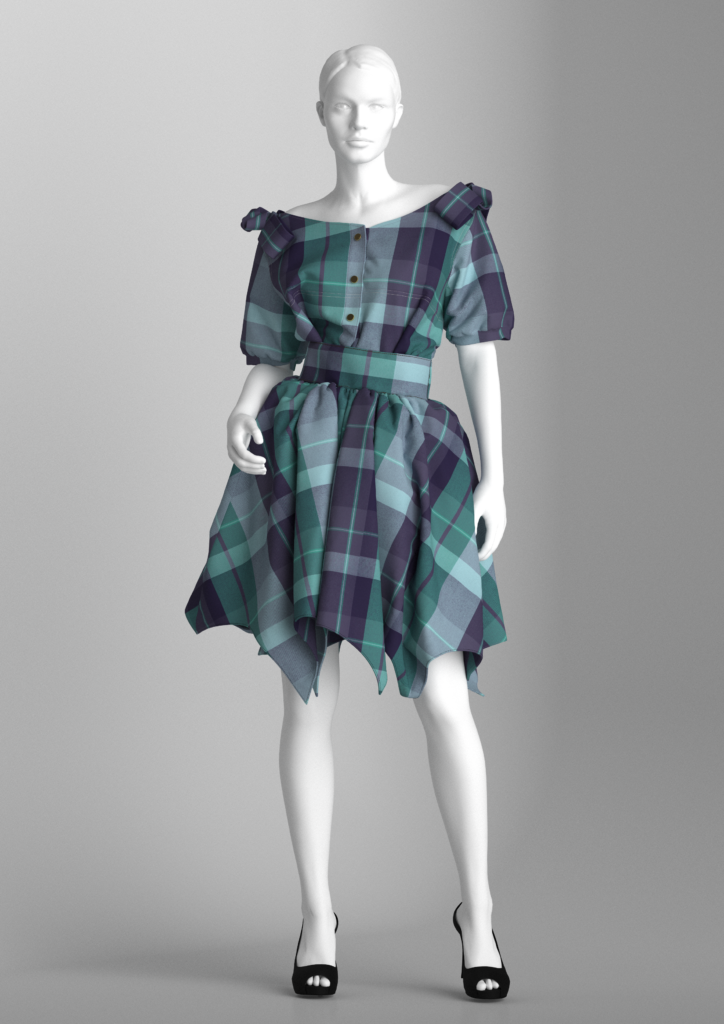 rendu du logiciel CLO3D d'un mannequin portant une robe digitale avec un tissu scanné au VIZOO
