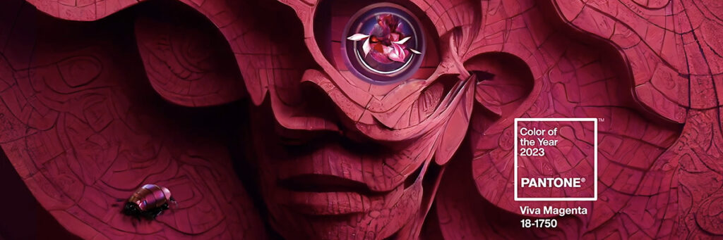 illustration 3D d'un visage en sculpture morphé avec une fleur , pour annoncer la couleur Pantone de l'année : VIVA MAGENTA